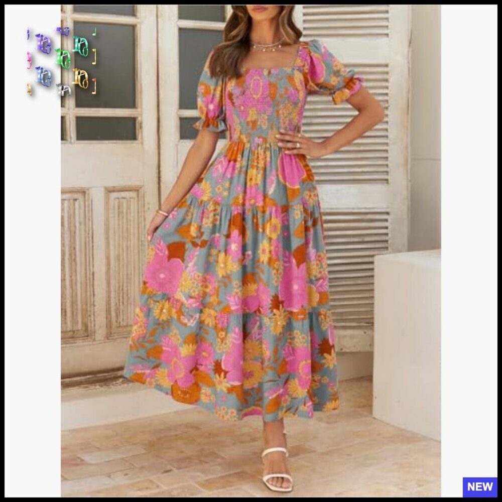 Boho Floral Maxi Dress Square Neck Ruffle Swing Summer Beach Casual Chic - Picture 2 of 7